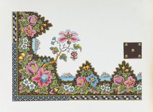 Tervezés egy nyomtatott textil-virágos szegélyhez, szigetekkel a tavon